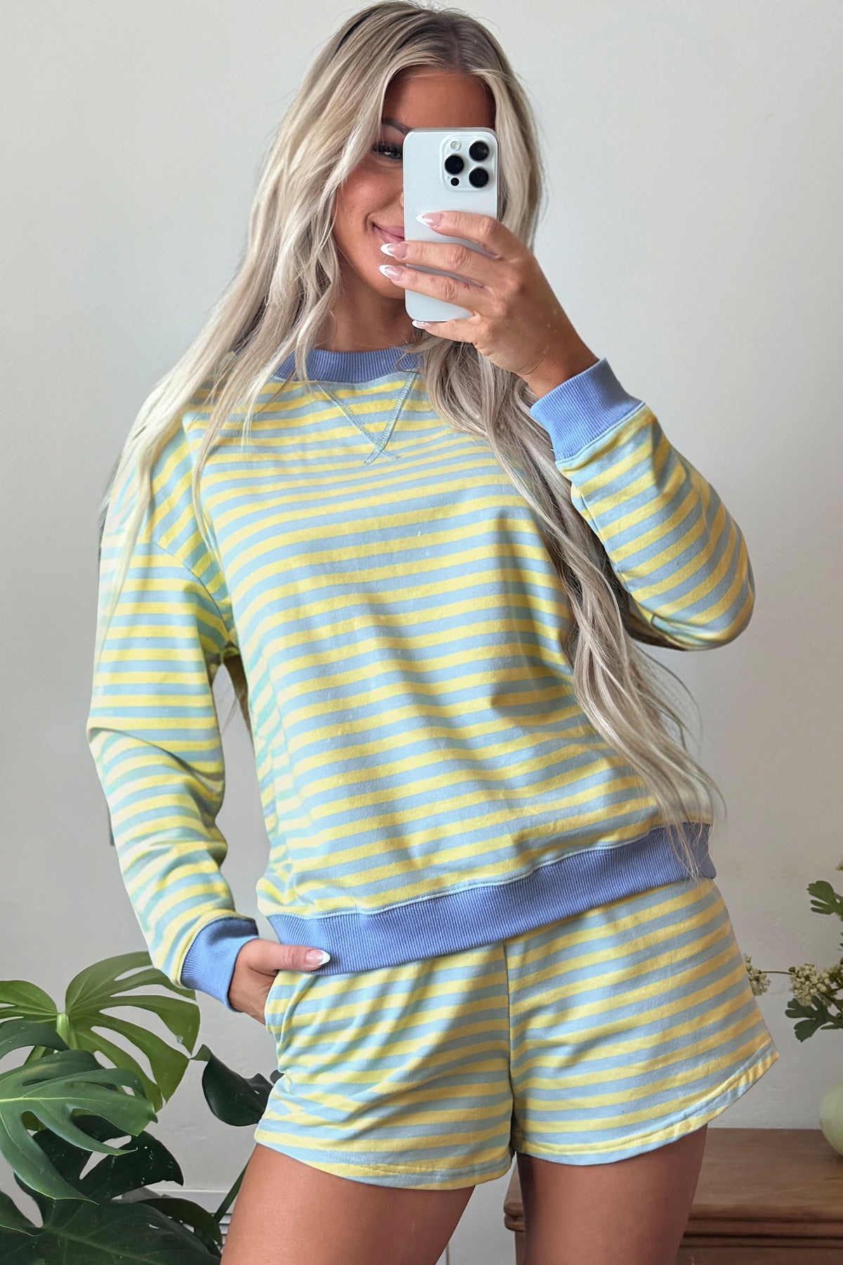 Yellow Stripe Color Block Detail Long Sleeve Pullover Elastic Waist Pull On Shorts 2pcs Set-Two Piece Sets/Short Sets-[Adult]-[Female]-2022 Online Blue Zone Planet