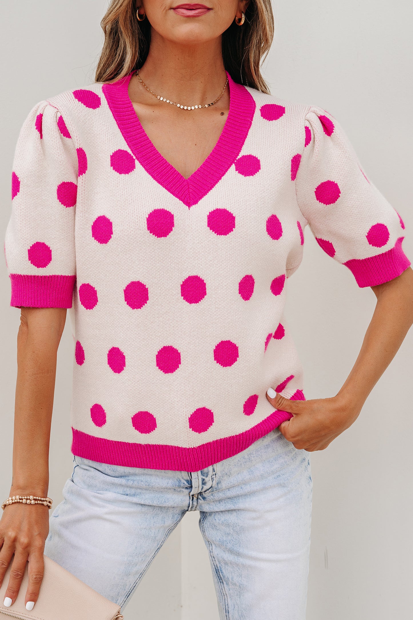 Rose Red Polka Dot Puff Short Sleeve Sweater Top-Sweaters & Cardigans/Short Sleeve Sweaters-[Adult]-[Female]-2022 Online Blue Zone Planet