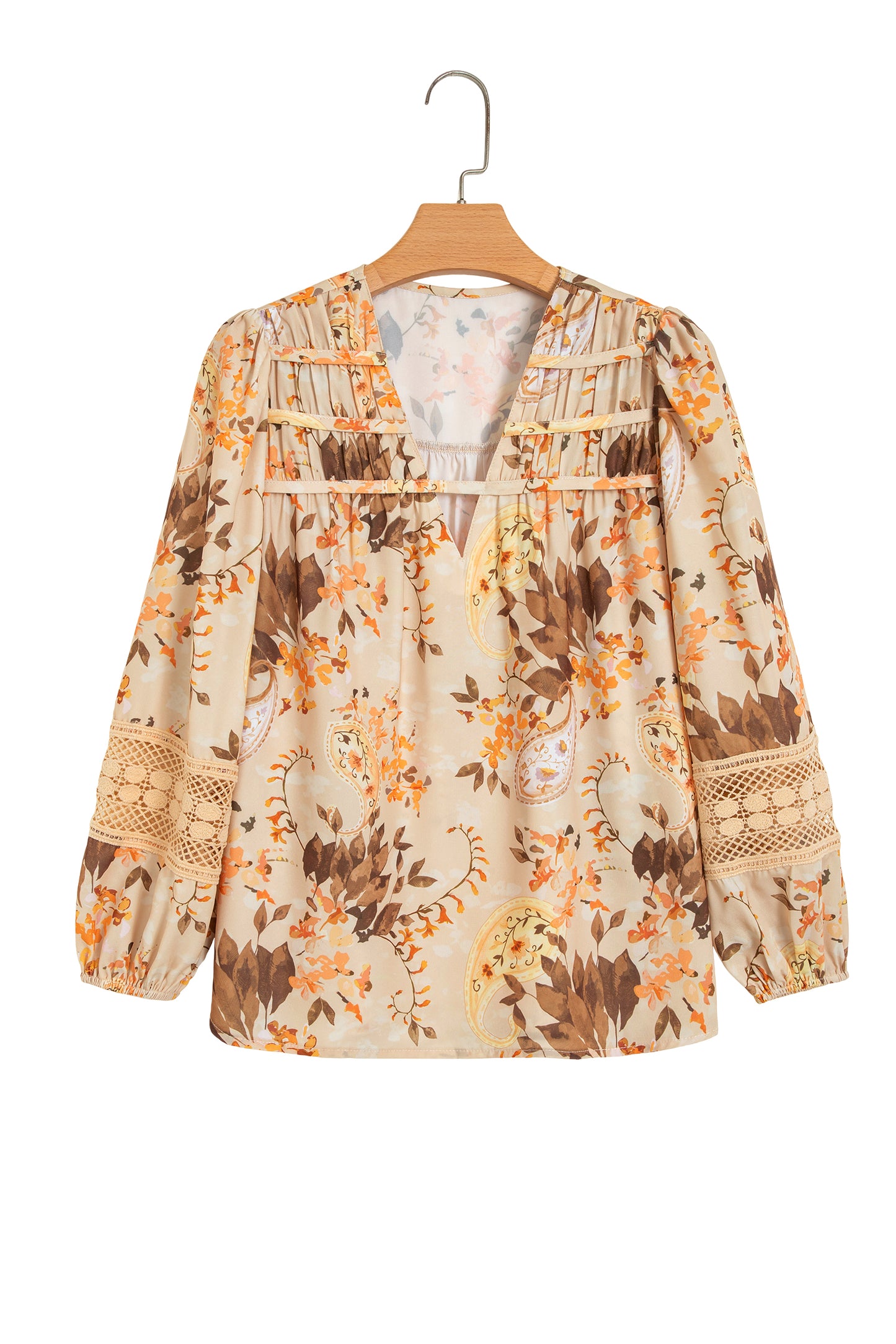 Khaki Paisley Print Decorative Binding Tape V Neck Shift Blouse-Tops/Blouses & Shirts-[Adult]-[Female]-2022 Online Blue Zone Planet