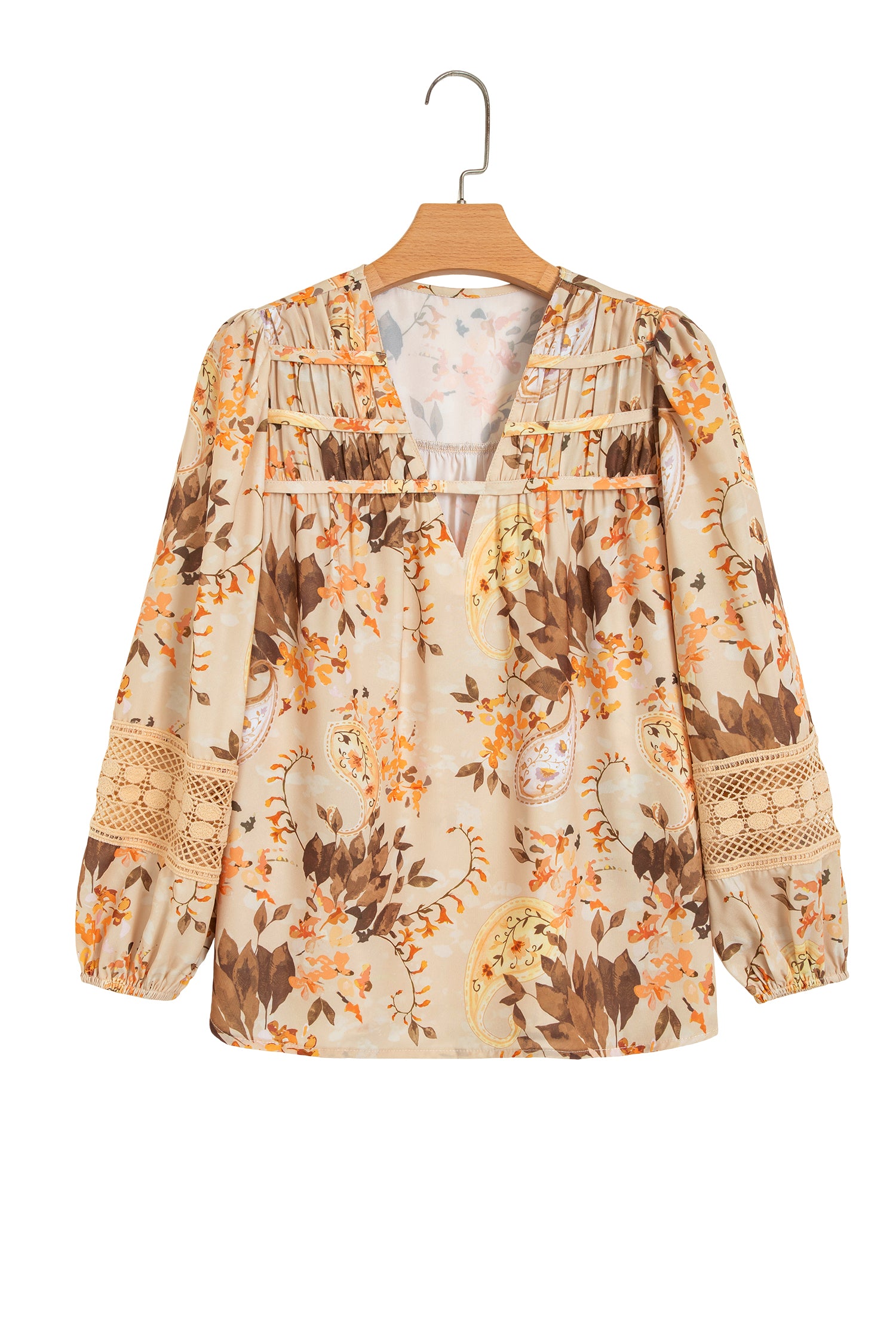 Khaki Paisley Print Decorative Binding Tape V Neck Shift Blouse-Tops/Blouses & Shirts-[Adult]-[Female]-2022 Online Blue Zone Planet