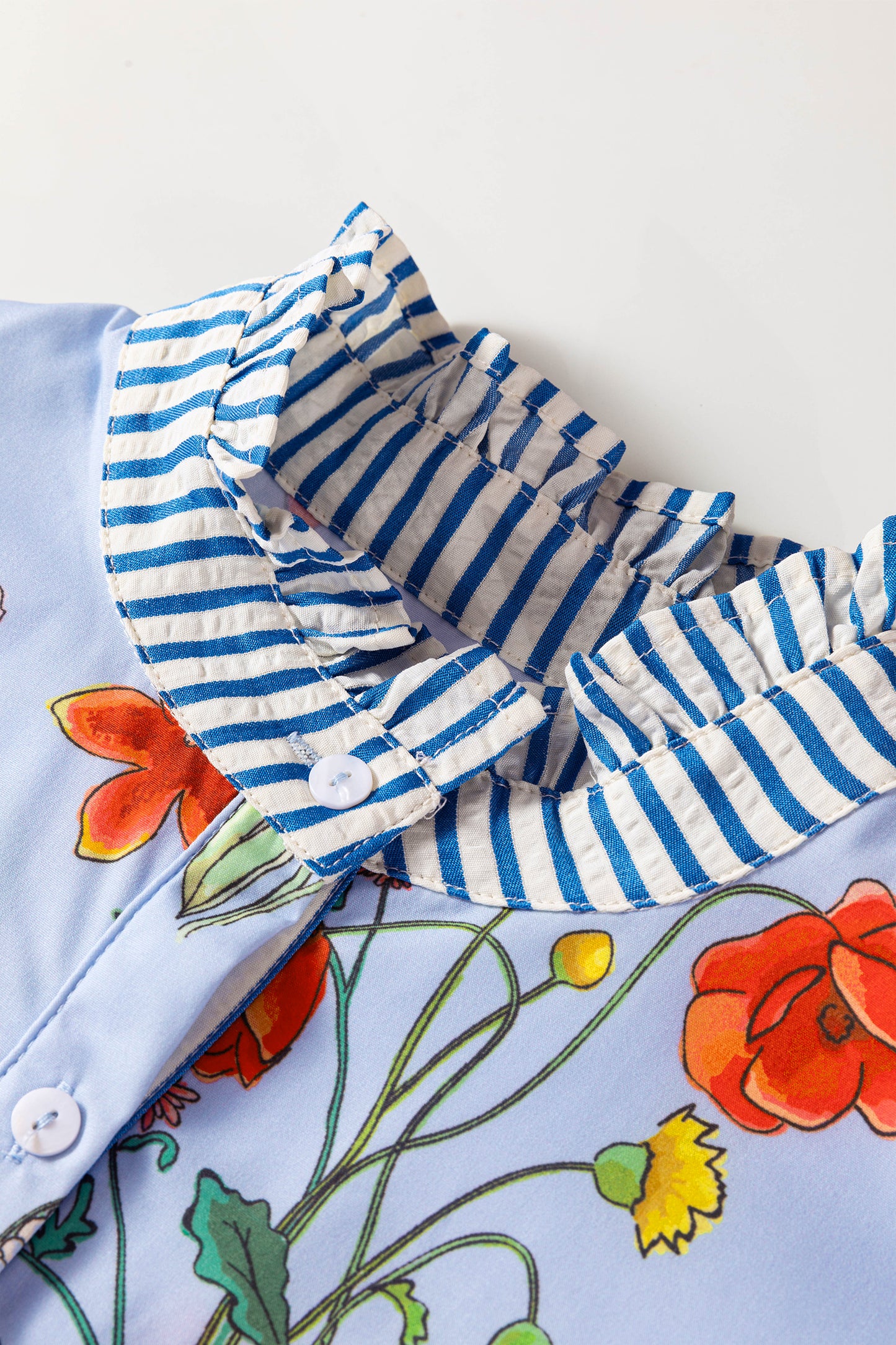 Beige Floral Striped Patchwork Ruffled Collar Short Sleeve Shirt-Tops/Blouses & Shirts-[Adult]-[Female]-2022 Online Blue Zone Planet