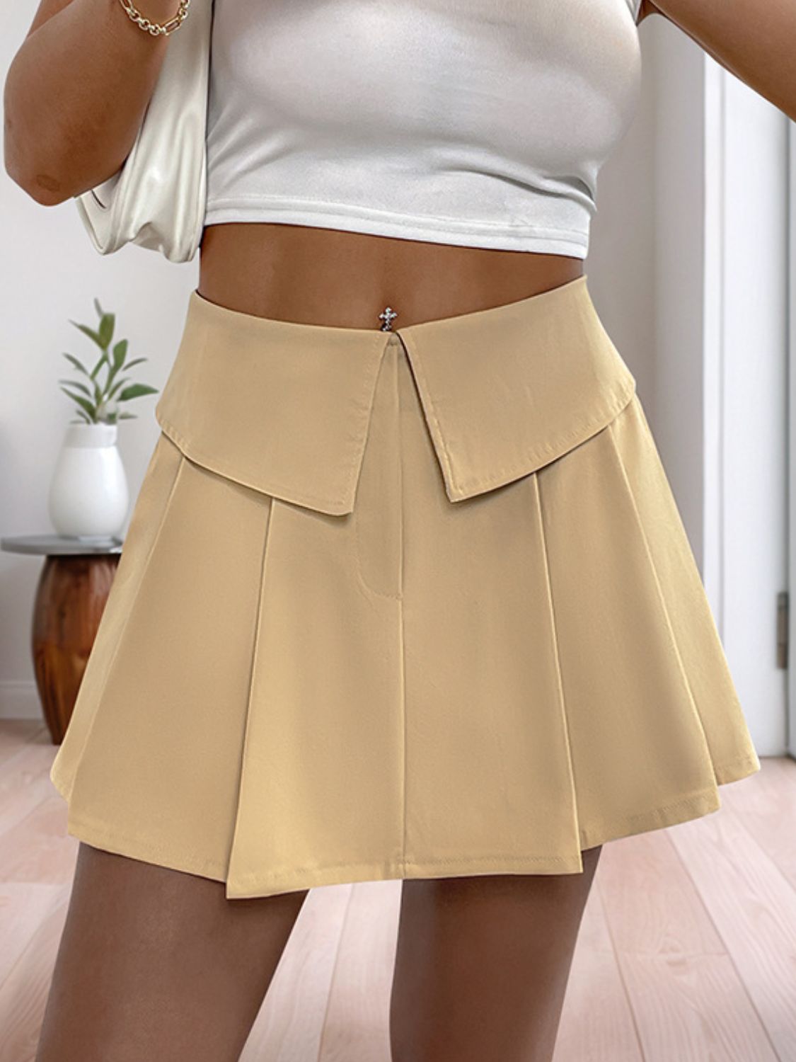 Perfee Pleated High Rise Shorts-BOTTOM SIZES SMALL MEDIUM LARGE-[Adult]-[Female]-Tan-XS-2022 Online Blue Zone Planet