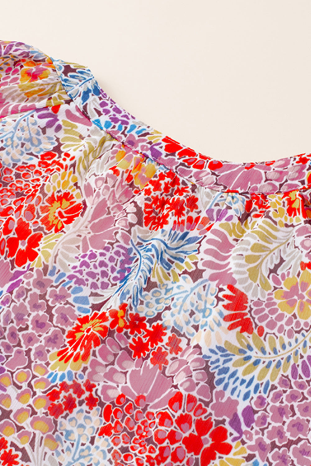 Fiery Red White Floral Print V Neck Long Puff Sleeve Top-Tops/Blouses & Shirts-[Adult]-[Female]-2022 Online Blue Zone Planet