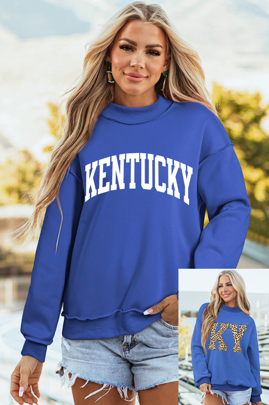 Dark Blue KENTUCKY Leopard KY Letter Print Reversible High Neck Sweatshirt-Graphic/Graphic Sweatshirts-[Adult]-[Female]-Dark Blue-S-2022 Online Blue Zone Planet