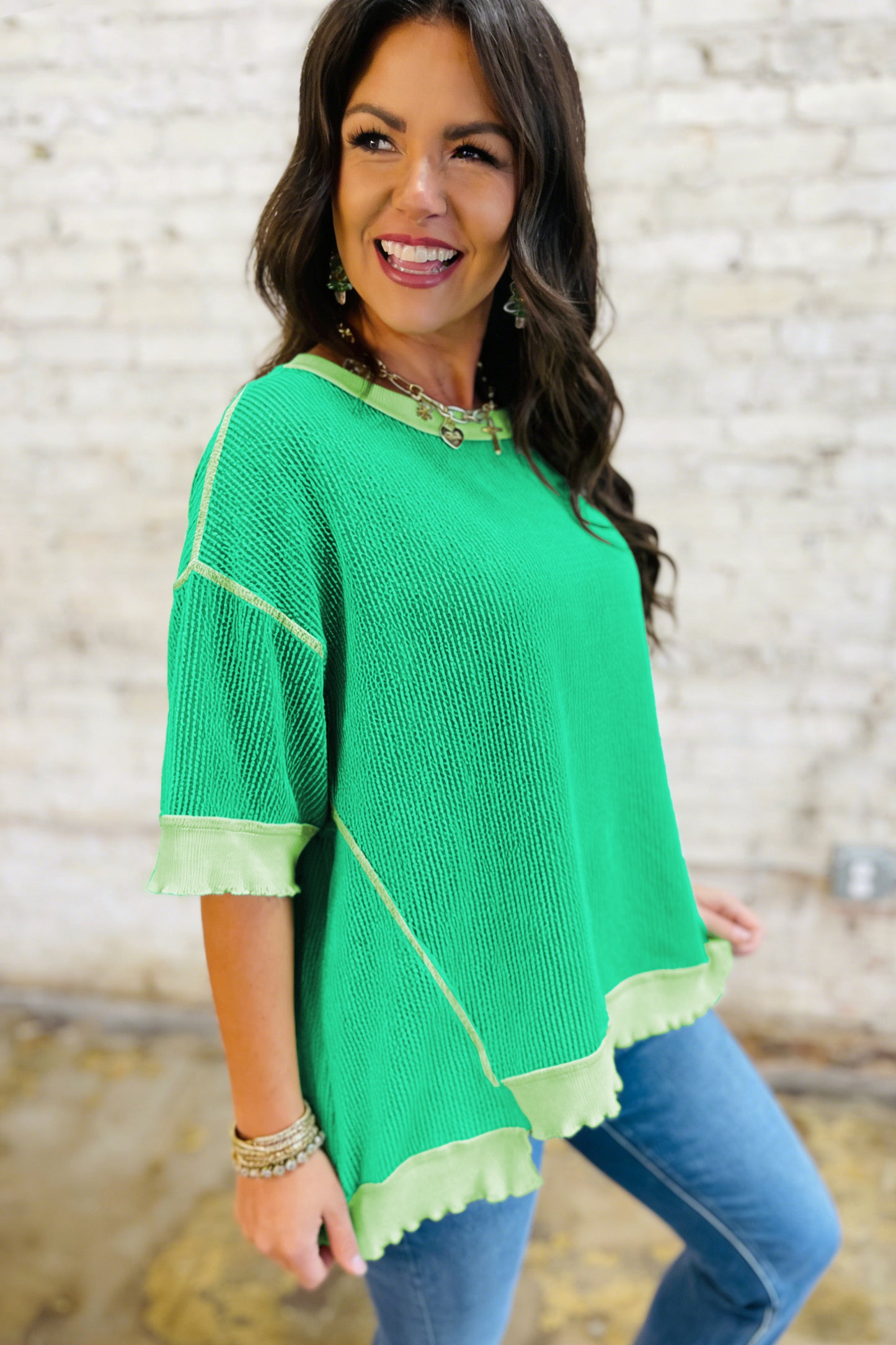 Mint Green Loose Uneven Hem Twist Ribbed T Shirt-Tops/Tops & Tees-[Adult]-[Female]-2022 Online Blue Zone Planet