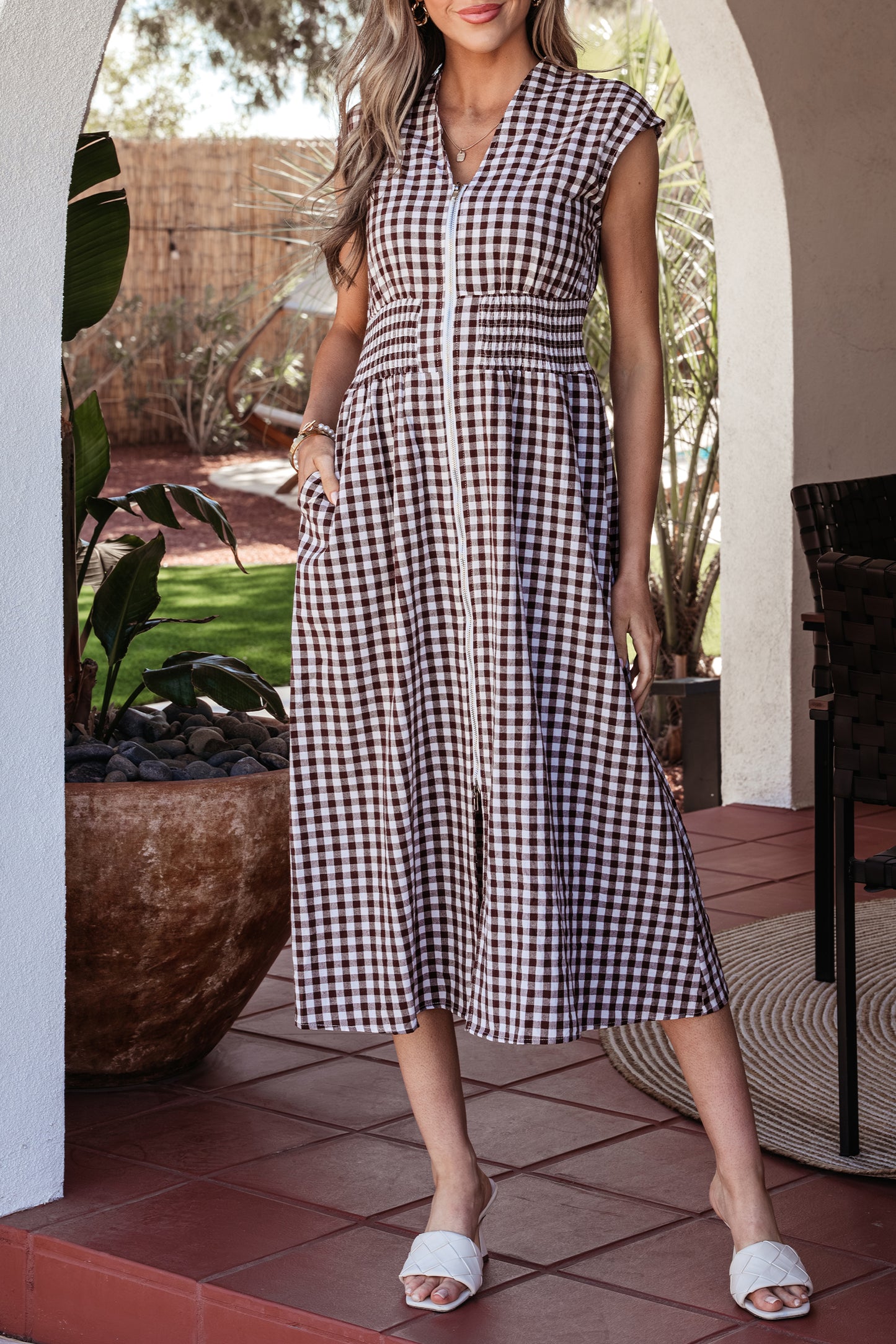 Coffee Plaid Print Full Zipper Cinched Waist Fit Flare Sleeveless Maxi Dress-TOPS / DRESSES-[Adult]-[Female]-2022 Online Blue Zone Planet