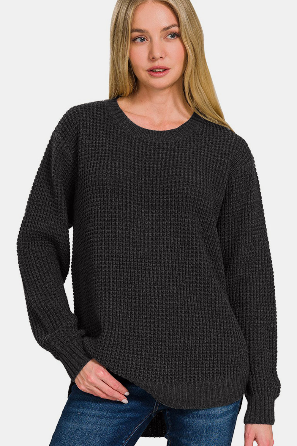 Zenana High Low Long Sleeve Waffle Sweater-TOPS / DRESSES-[Adult]-[Female]-2022 Online Blue Zone Planet