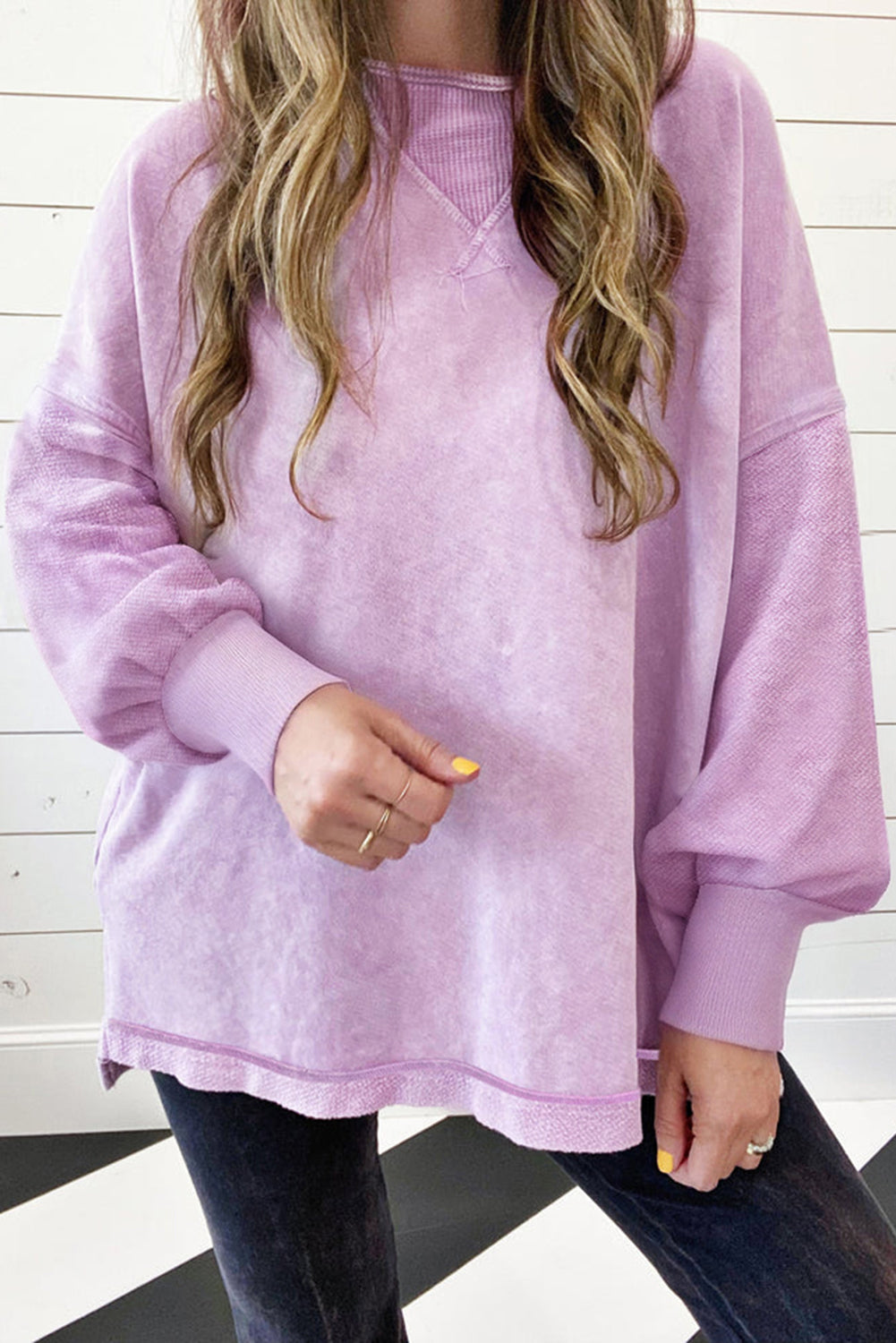 Strawberry Pink Mineral Wash Drop Shoulder Pullover Sweatshirt-Tops/Sweatshirts & Hoodies-[Adult]-[Female]-Orchid Petal-S-2022 Online Blue Zone Planet