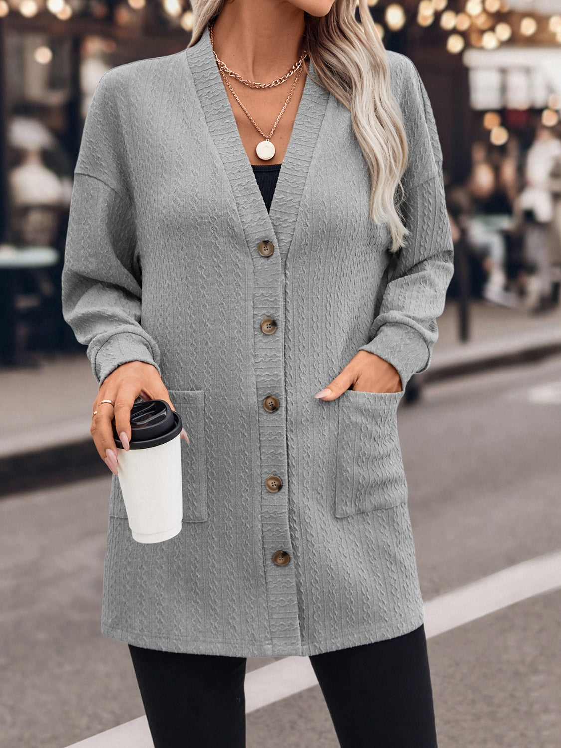 Textured Button Down V-Neck Long Sleeve Cardigan-TOPS / DRESSES-[Adult]-[Female]-2022 Online Blue Zone Planet