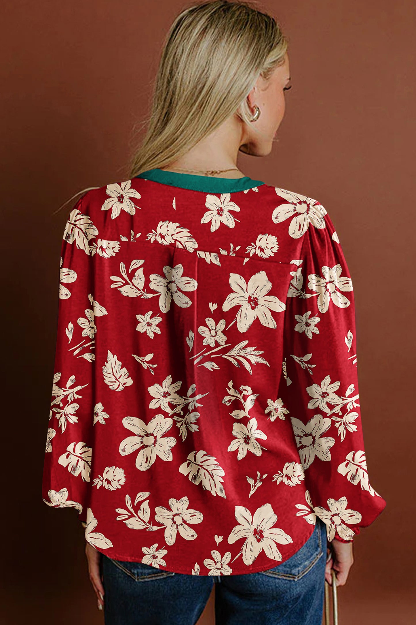 Red Contrast Tied Neck Shirred Puff Sleeve Flower Blouse-Tops/Blouses & Shirts-[Adult]-[Female]-2022 Online Blue Zone Planet