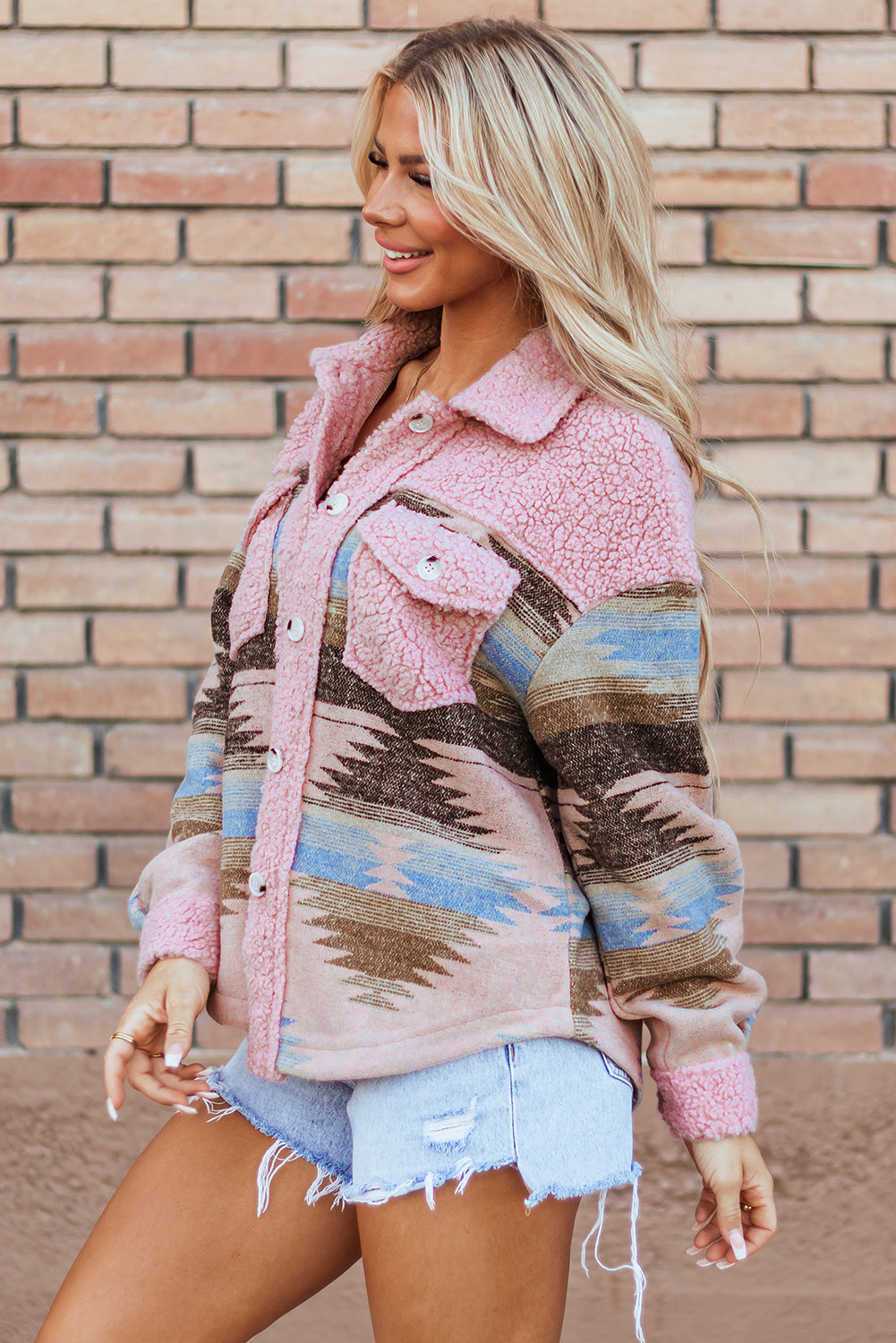 Pink Western Aztec Print Sherpa Splicing Buttoned Flap Pocket Coat-Outerwear/Jackets-[Adult]-[Female]-2022 Online Blue Zone Planet