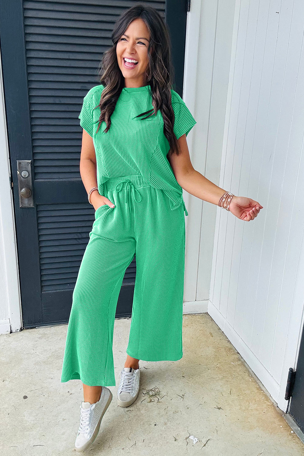 Wild Wind Solid Corded Short Sleeve T Shirt and Wide Leg Pants Set-Two Piece Pants Sets-[Adult]-[Female]-2022 Online Blue Zone Planet