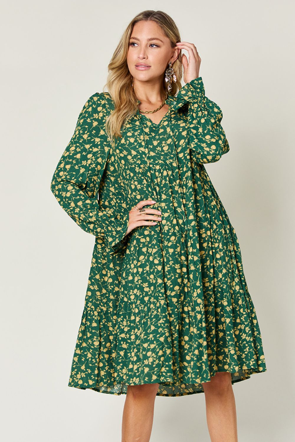 Double Take Full Size Printed Ruffle Hem Long Sleeve Tiered Dress-TOPS / DRESSES-[Adult]-[Female]-Dark Green-S-2022 Online Blue Zone Planet