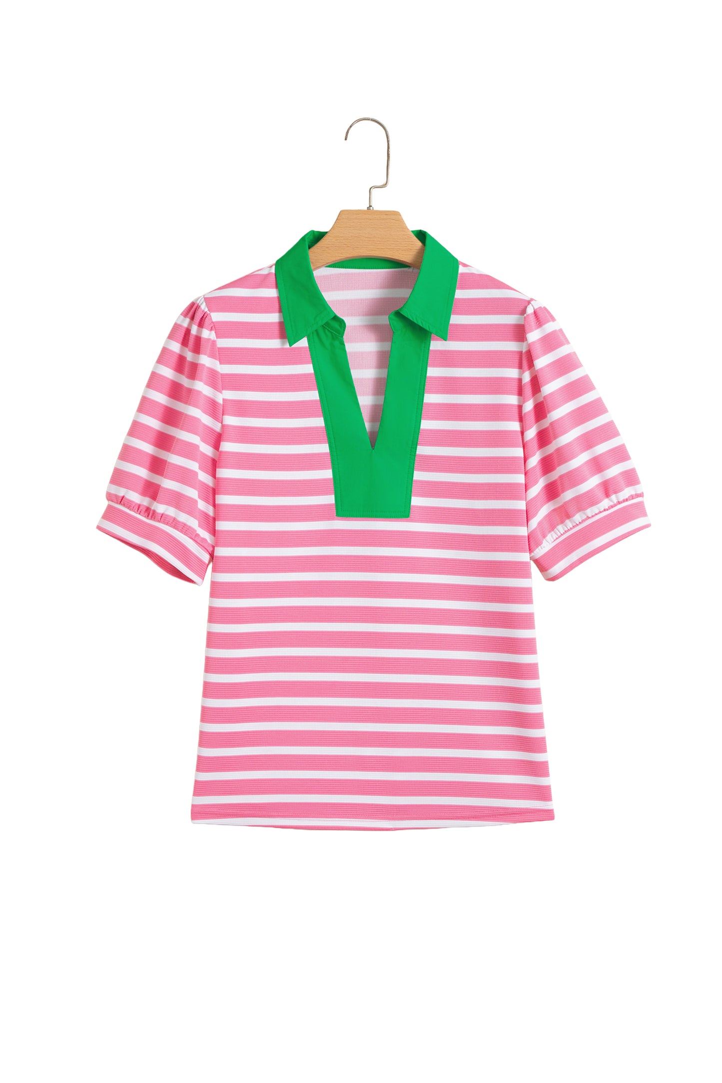 Pink Stripe Short Puff Sleeve Color Block Polo Collar Blouse-Tops/Blouses & Shirts-[Adult]-[Female]-2022 Online Blue Zone Planet