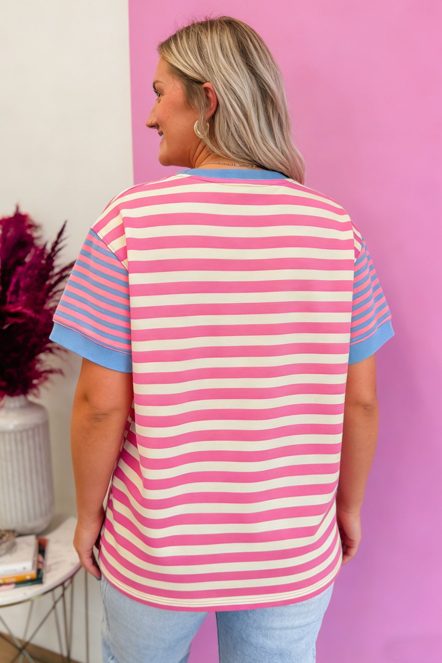 Pink Stripe Contrast Patchwork Short Sleeve Loose Tee-Tops/Tops & Tees-[Adult]-[Female]-2022 Online Blue Zone Planet