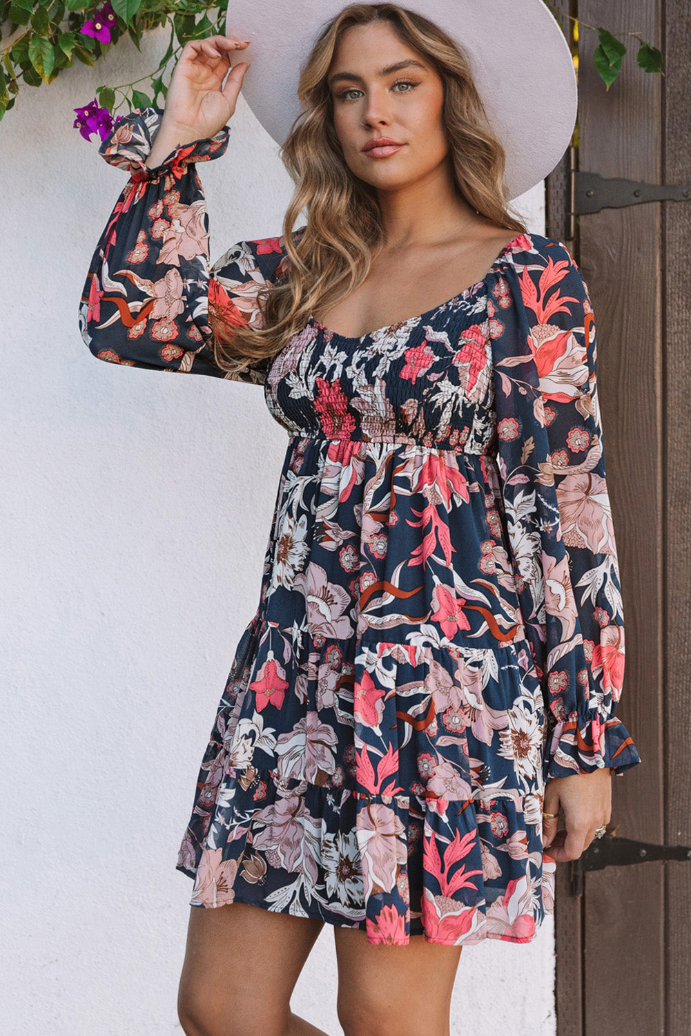 Blue Zone Planet | Blue Floral Tiered Long Puff Sleeve Mini Dress-TOPS / DRESSES-[Adult]-[Female]-2022 Online Blue Zone Planet