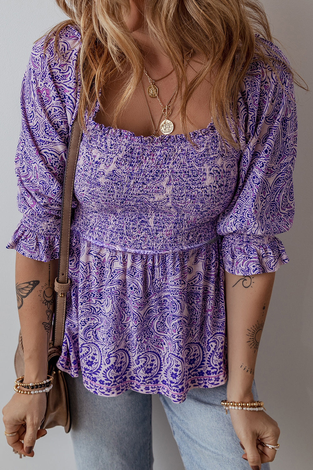 Purple Boho Paisley Print Half Sleeve Shirred Peplum Blouse-Tops/Blouses & Shirts-[Adult]-[Female]-Purple-S-2022 Online Blue Zone Planet