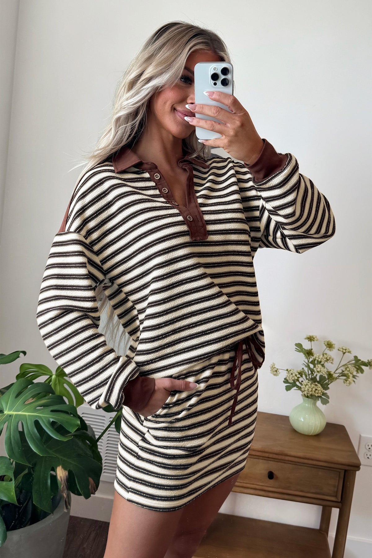 Brown Stripe Contrast Trim Button Neck Long Sleeve Top Drawstring Mini Skirt Set-Two Piece Sets/Two Piece Dresses-[Adult]-[Female]-2022 Online Blue Zone Planet