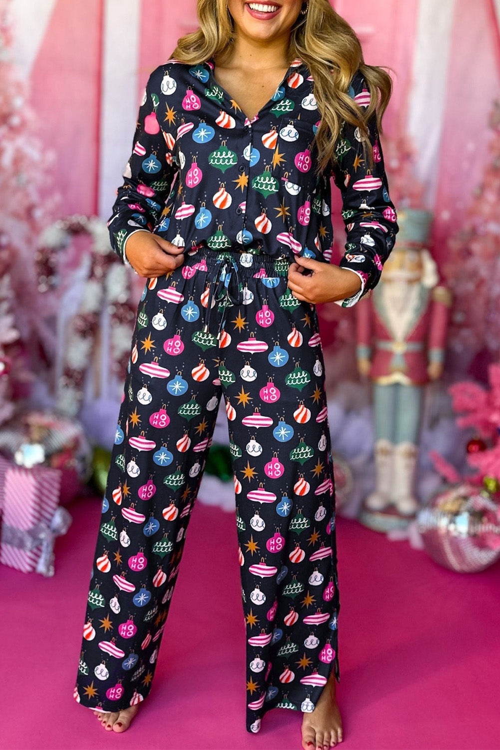 Navy Blue Colorful Christmas Lights Print Shirt and Pants Pajama Set-Loungewear & Sleepwear/Sleepwear-[Adult]-[Female]-Navy Blue-S-2022 Online Blue Zone Planet