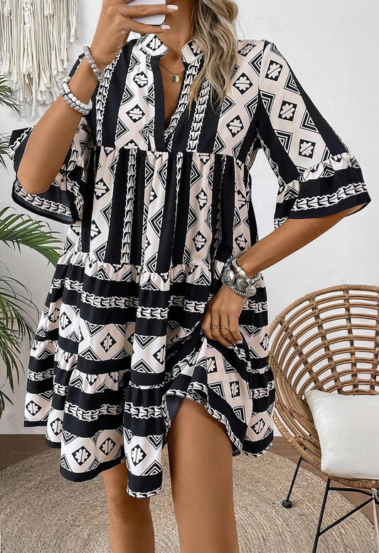 Black Geometric Print V Neck Ruffled Dress-Dresses/Mini Dresses-[Adult]-[Female]-Black-S-2022 Online Blue Zone Planet