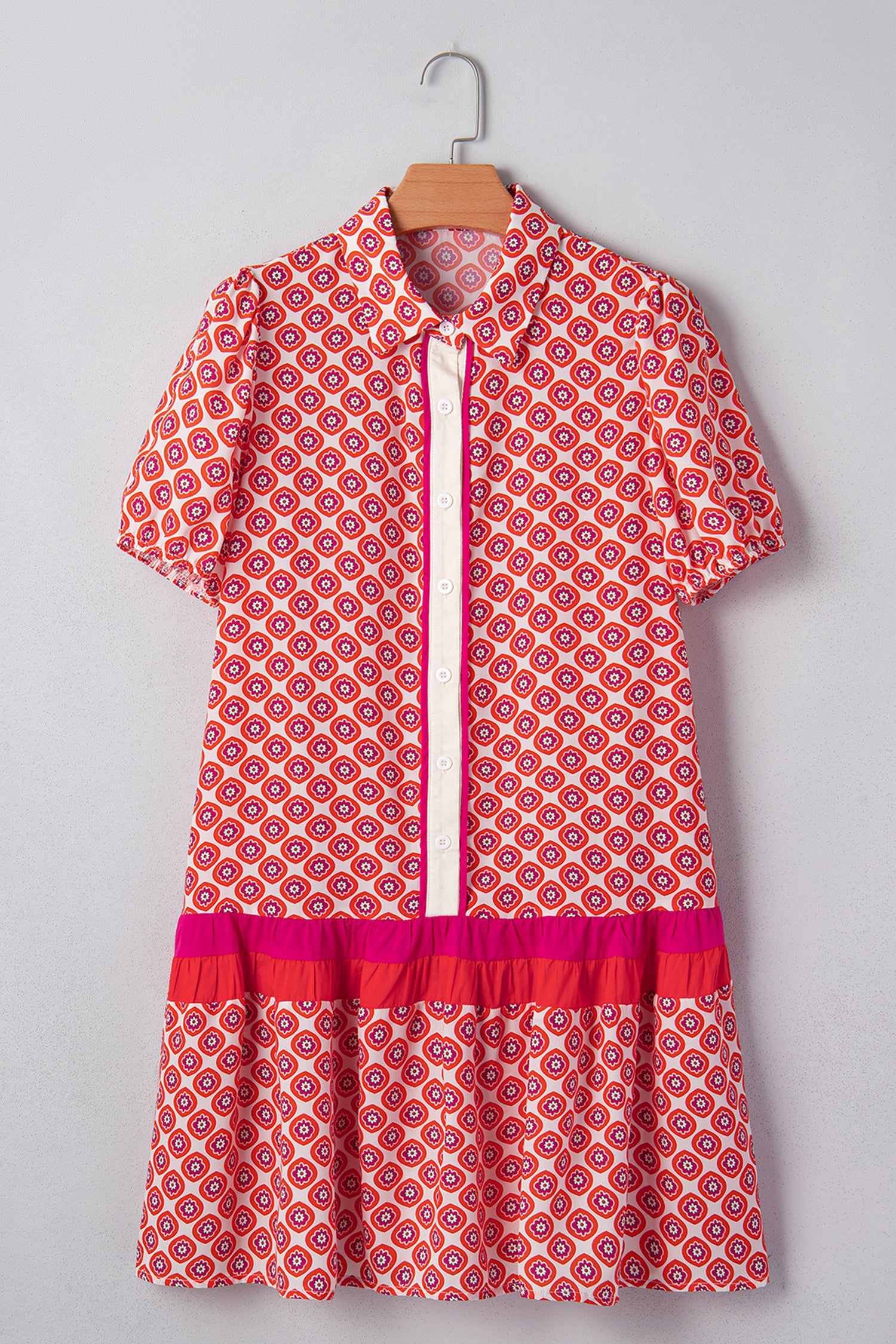 Orange Geometric Floral Print Color Block Trim Button Front Ruffle Hem Dress-TOPS / DRESSES-[Adult]-[Female]-2022 Online Blue Zone Planet