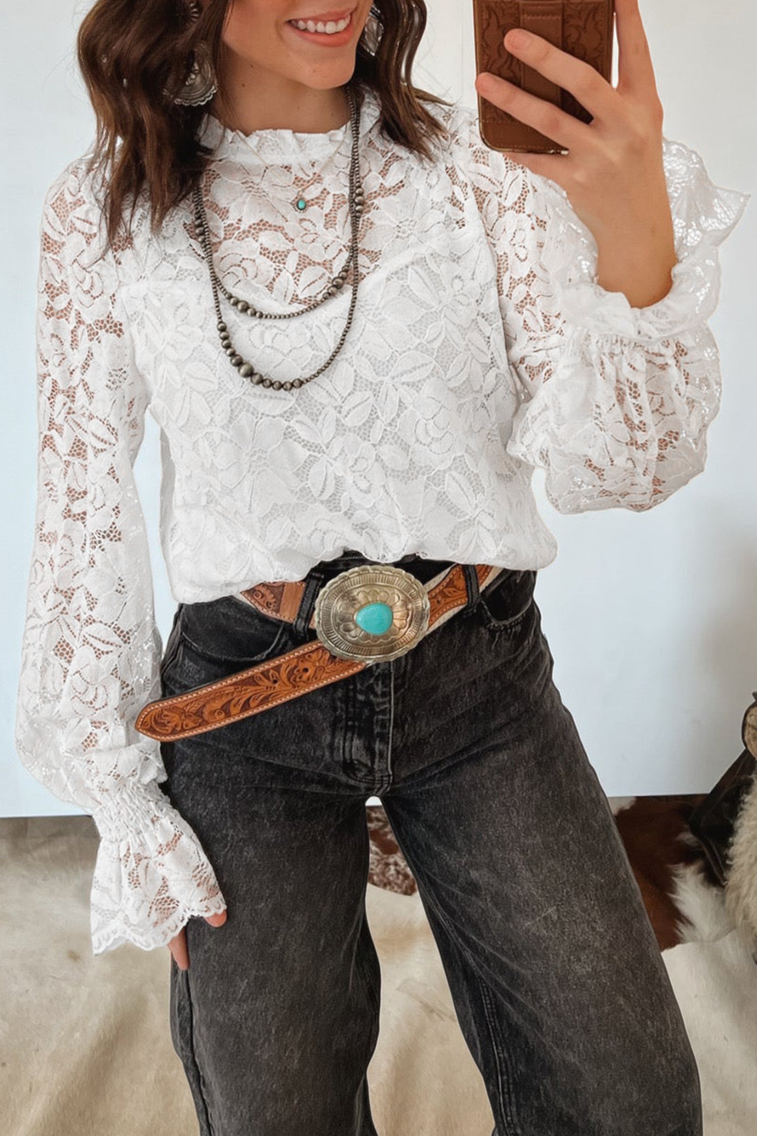 White Ruffled Round Neck Long Flounce Sleeve Sheer Lace Blouse-Tops/Blouses & Shirts-[Adult]-[Female]-2022 Online Blue Zone Planet