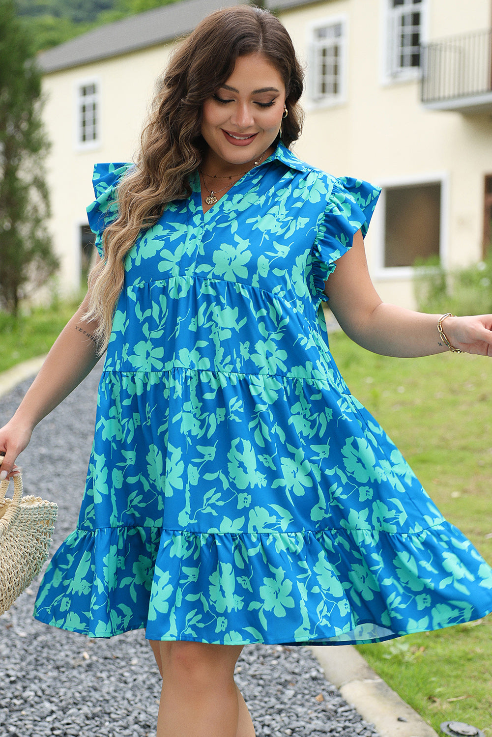 Sky Blue Plus Size Floral Print Flutter Sleeve Buttoned Mini Dress-Plus Size/Plus Size Dresses/Plus Size Mini Dresses-[Adult]-[Female]-2022 Online Blue Zone Planet