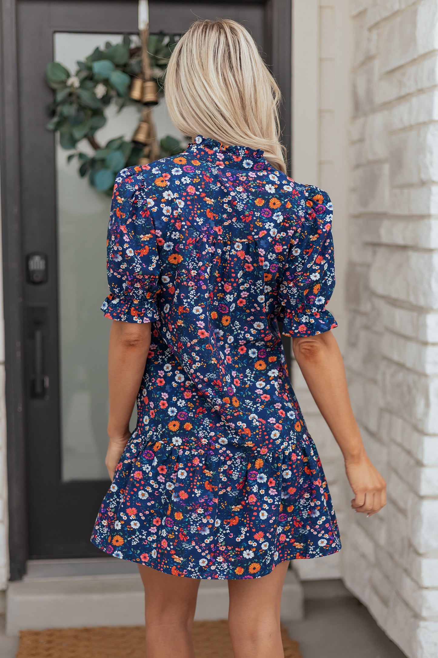 Blue Wild Daisy Floral Split Neck Short Puff Sleeve Mini Dress-TOPS / DRESSES-[Adult]-[Female]-2022 Online Blue Zone Planet
