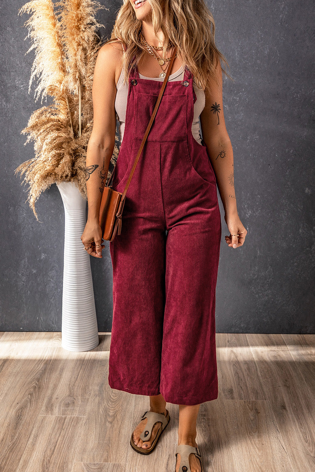 Fiery Red Solid Color Corduroy Wide Leg Bib Overalls-Bottoms/Jumpsuits & Rompers-[Adult]-[Female]-Red-S-2022 Online Blue Zone Planet