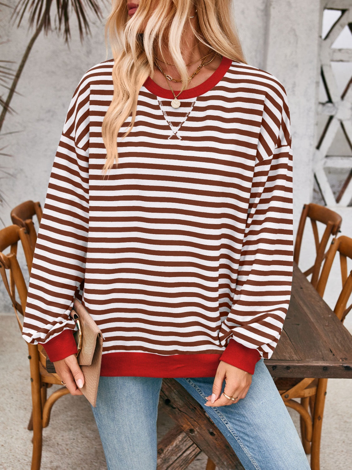 Blue Zone Planet | Lovelet Contrast Striped Long Sleeve Sweatshirt-TOPS / DRESSES-[Adult]-[Female]-Dark Brown-S-2022 Online Blue Zone Planet