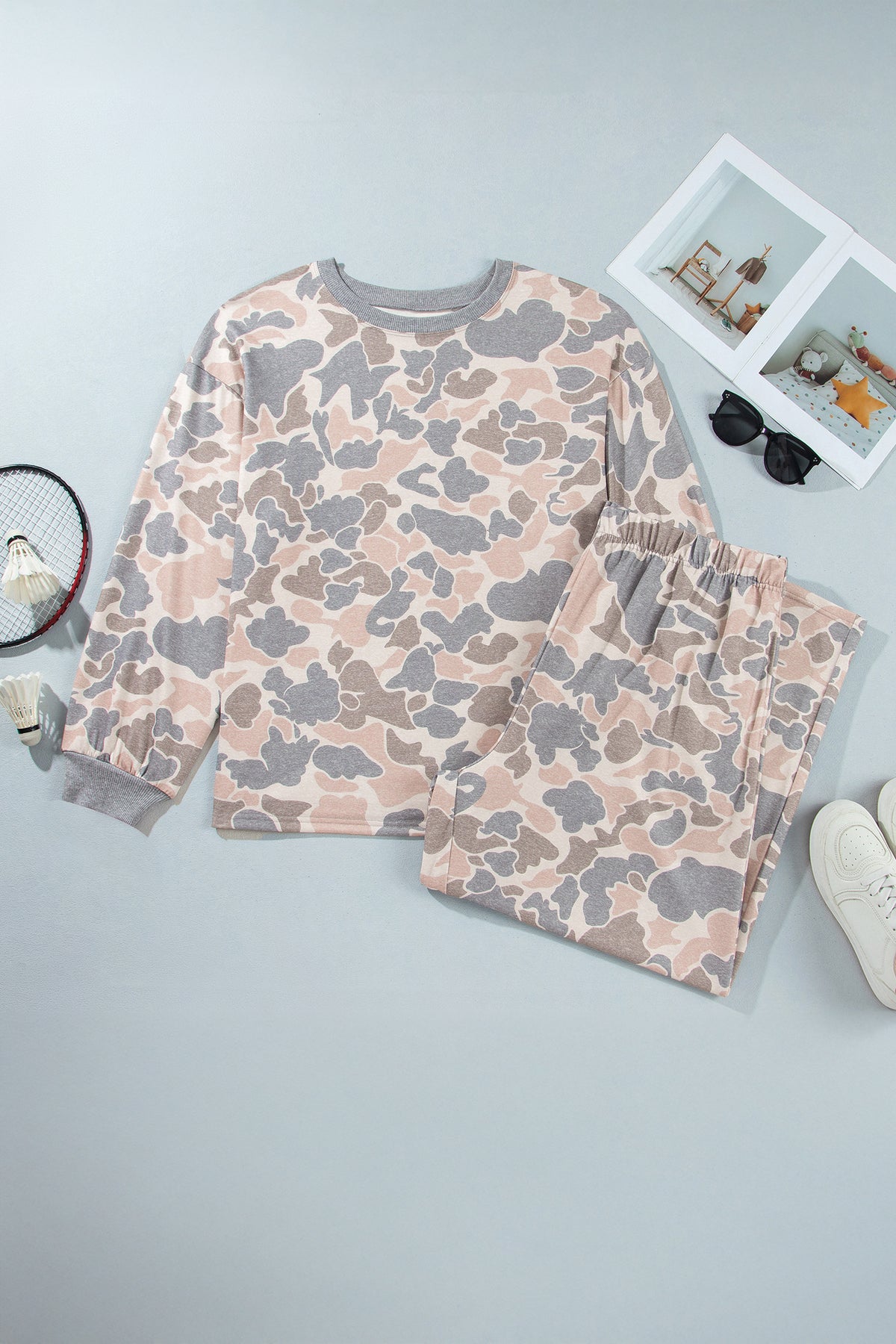 Multicolour Camouflage Long Sleeve Round Neck Two-Piece Plus Size Set-Plus Size/Plus Size Loungewear-[Adult]-[Female]-2022 Online Blue Zone Planet