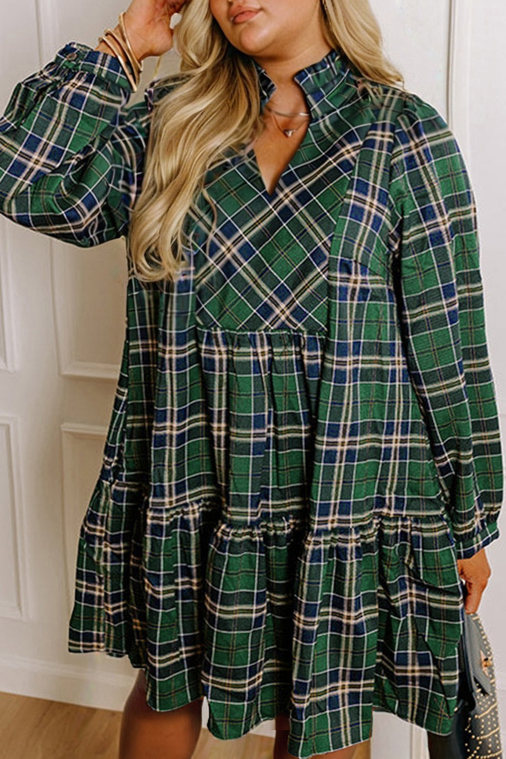 Green Plus Size Plaid Long Sleeve Notched Neck Shift Mini Dress-TOPS / DRESSES-[Adult]-[Female]-Green-1X-2022 Online Blue Zone Planet