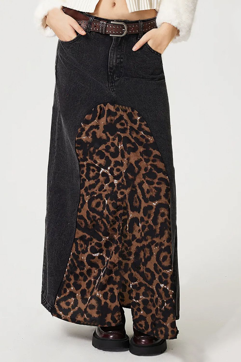 Slit Leopard Midi Denim Skirt-BOTTOMS SIZES SMALL MEDIUM LARGE-[Adult]-[Female]-2022 Online Blue Zone Planet