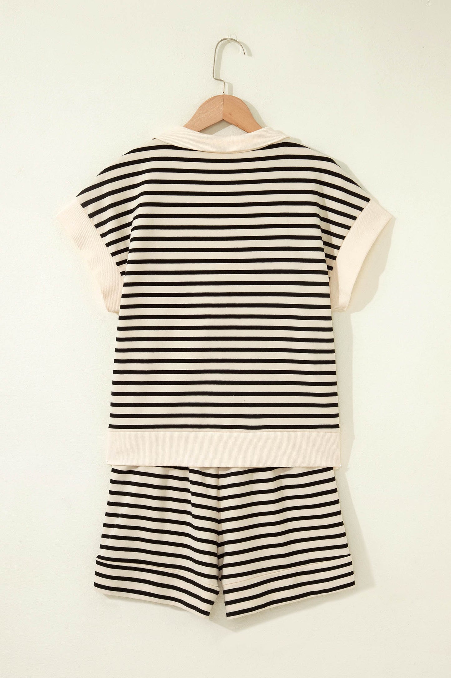 Black Stripe Ribbed Color Block Trim Zip Polo Tee Drawstring Shorts 2pcs Outfit-Two Piece Sets/Short Sets-[Adult]-[Female]-2022 Online Blue Zone Planet