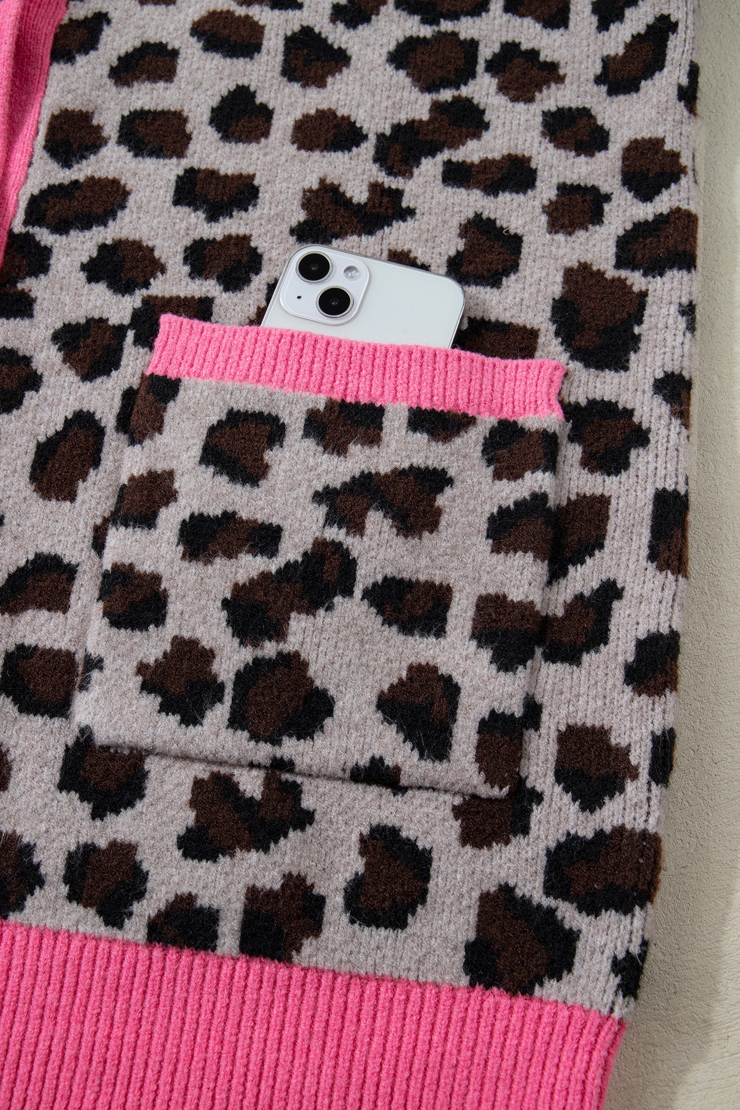 Khaki Oversize Color Block Trim Button Down Leopard Print Cardigan-Sweaters & Cardigans/Cardigans-[Adult]-[Female]-2022 Online Blue Zone Planet