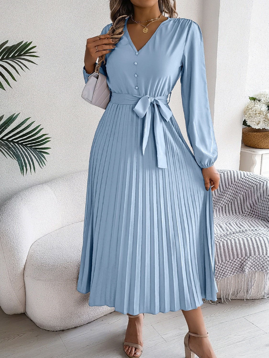 Pleated Tied V-Neck Long Sleeve Dress-TOPS / DRESSES-[Adult]-[Female]-2022 Online Blue Zone Planet