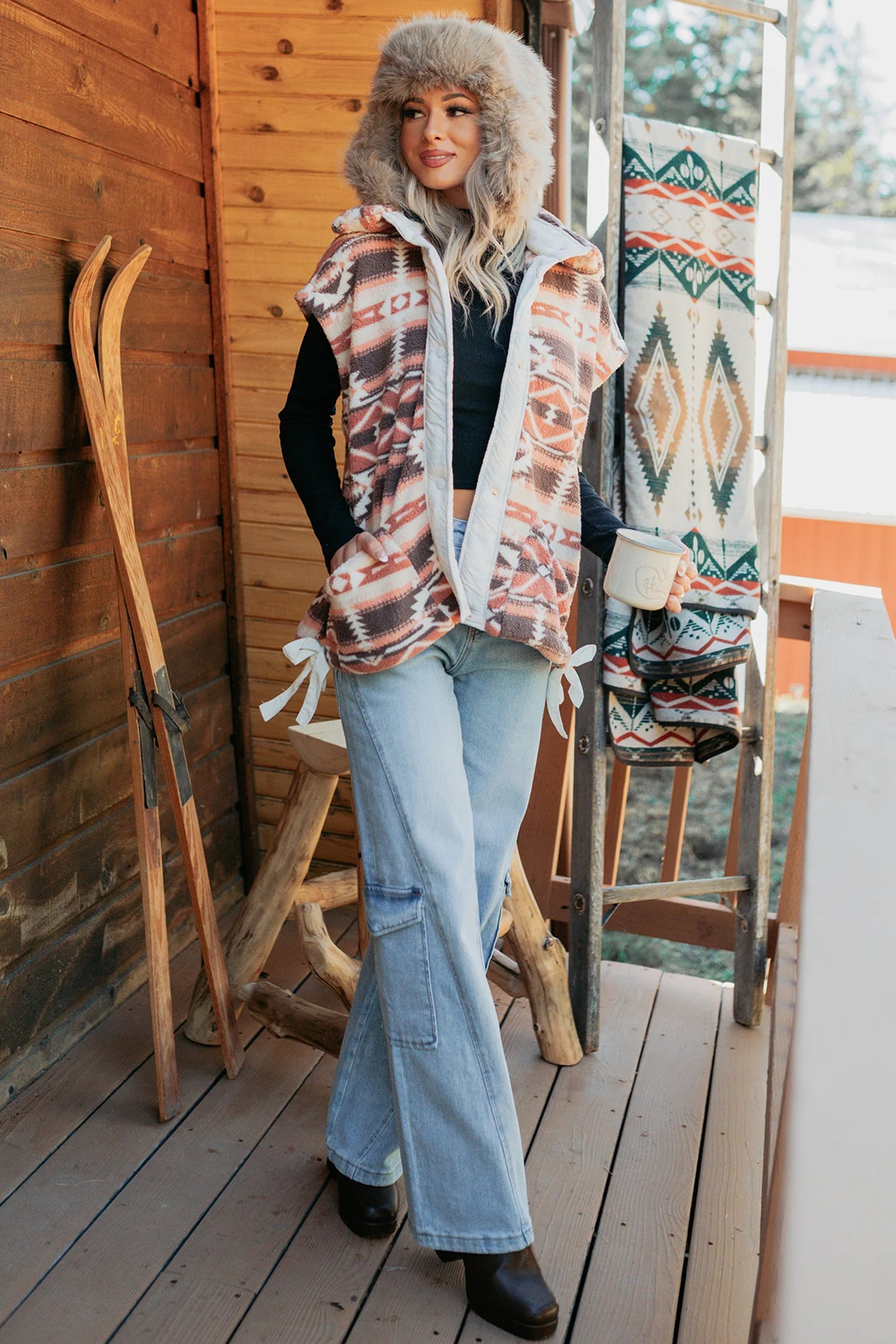 Multicolour Geometric Print Fleece Metal Button Placket Shift Silhouette Vest