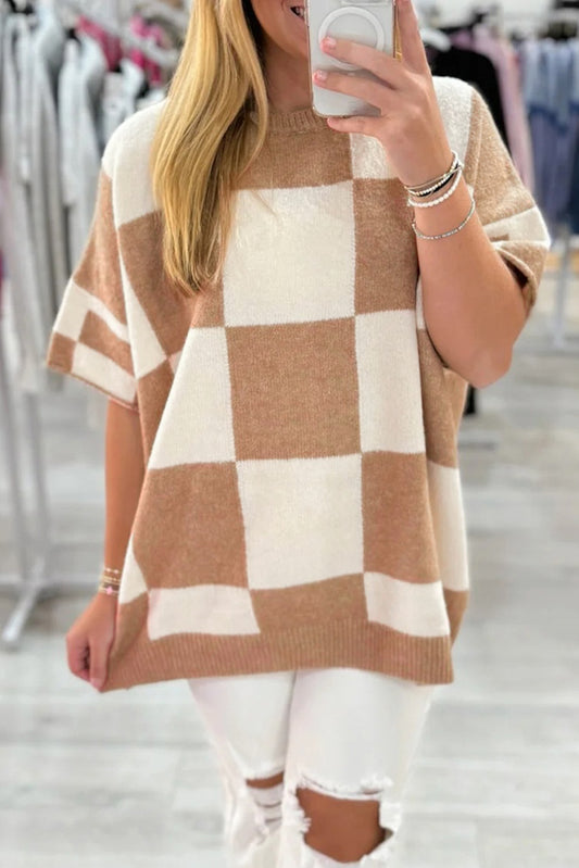 Light French Beige Checkered Pattern Loose Drop Shoulder Half Sleeve Sweater