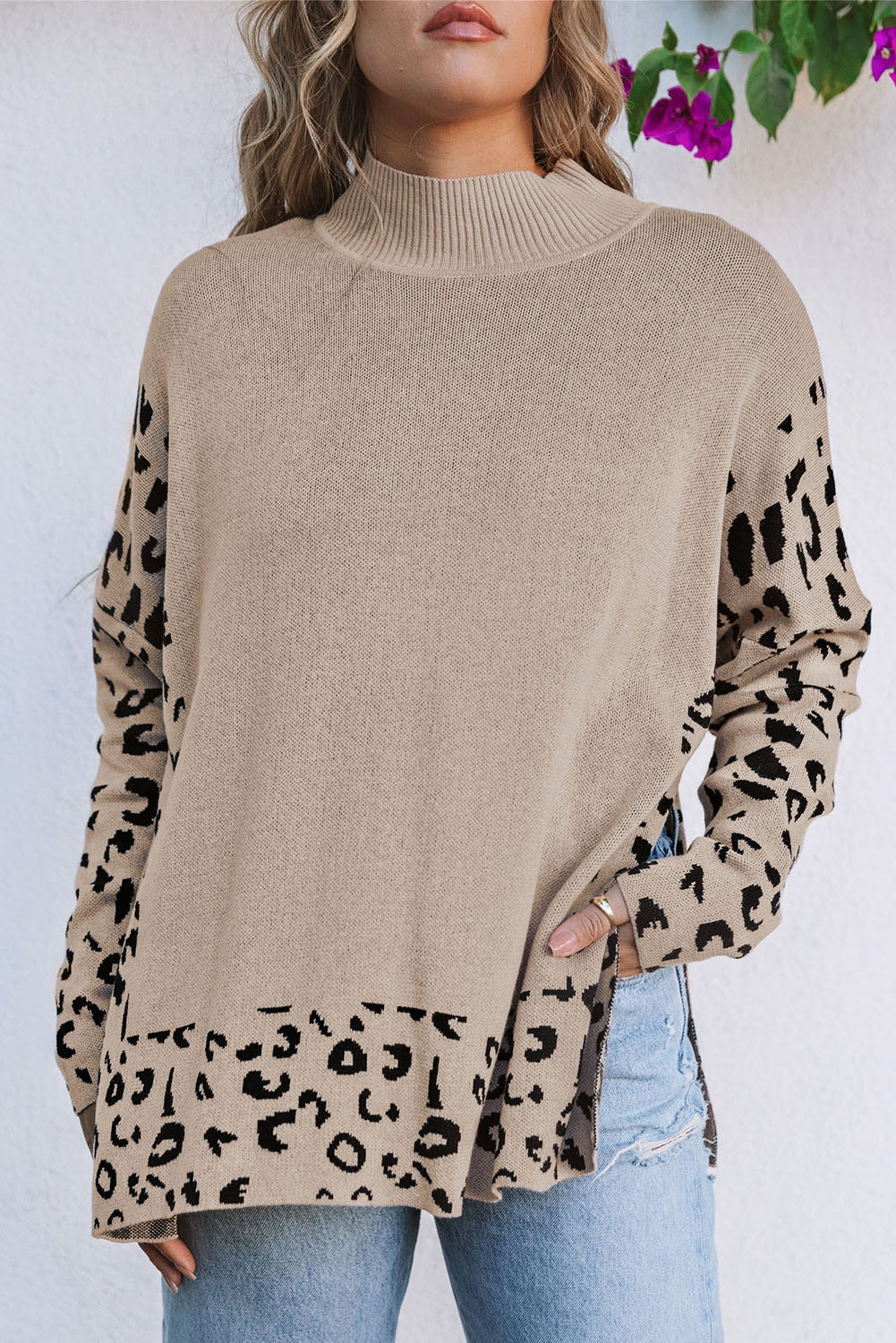 Khaki Leopard High Neck Side Slit Oversized Sweater-Sweaters & Cardigans/Sweaters-[Adult]-[Female]-2022 Online Blue Zone Planet