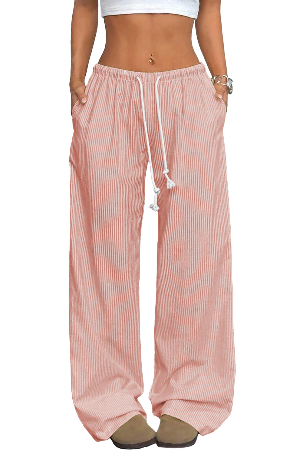 Pink Stripe Drawstring Plus Size Loose Pants-Plus Size/Plus Size Bottoms-[Adult]-[Female]-2022 Online Blue Zone Planet