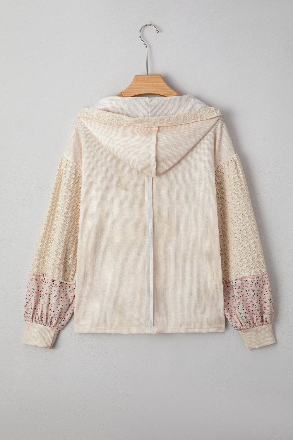 Pink Floral Patched Waffle Textured Colorblock V Neck Casual Hooded Top-Tops / Dresses-[Adult]-[Female]-2022 Online Blue Zone Planet