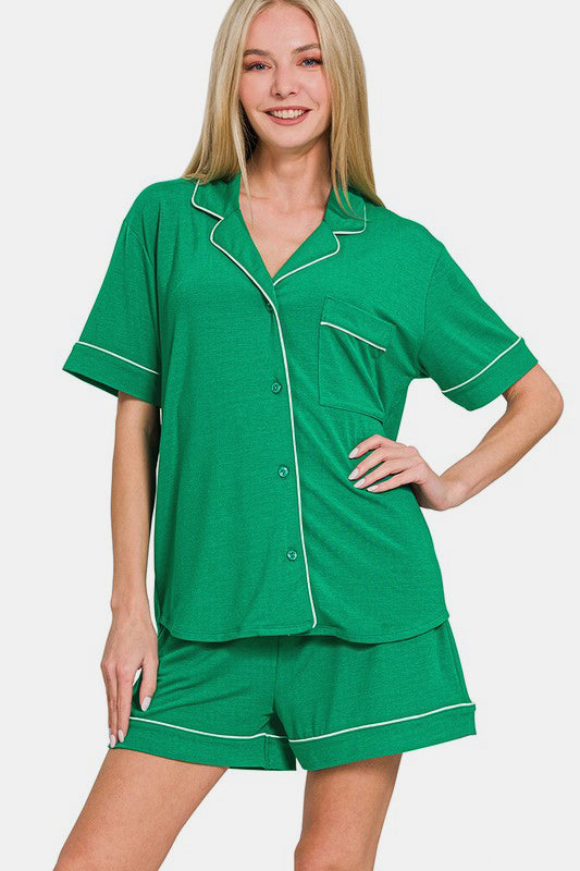 Zenana Button Down Short Sleeve Top and Shorts Lounge Set-TOPS / DRESSES-[Adult]-[Female]-K Green-S-2022 Online Blue Zone Planet