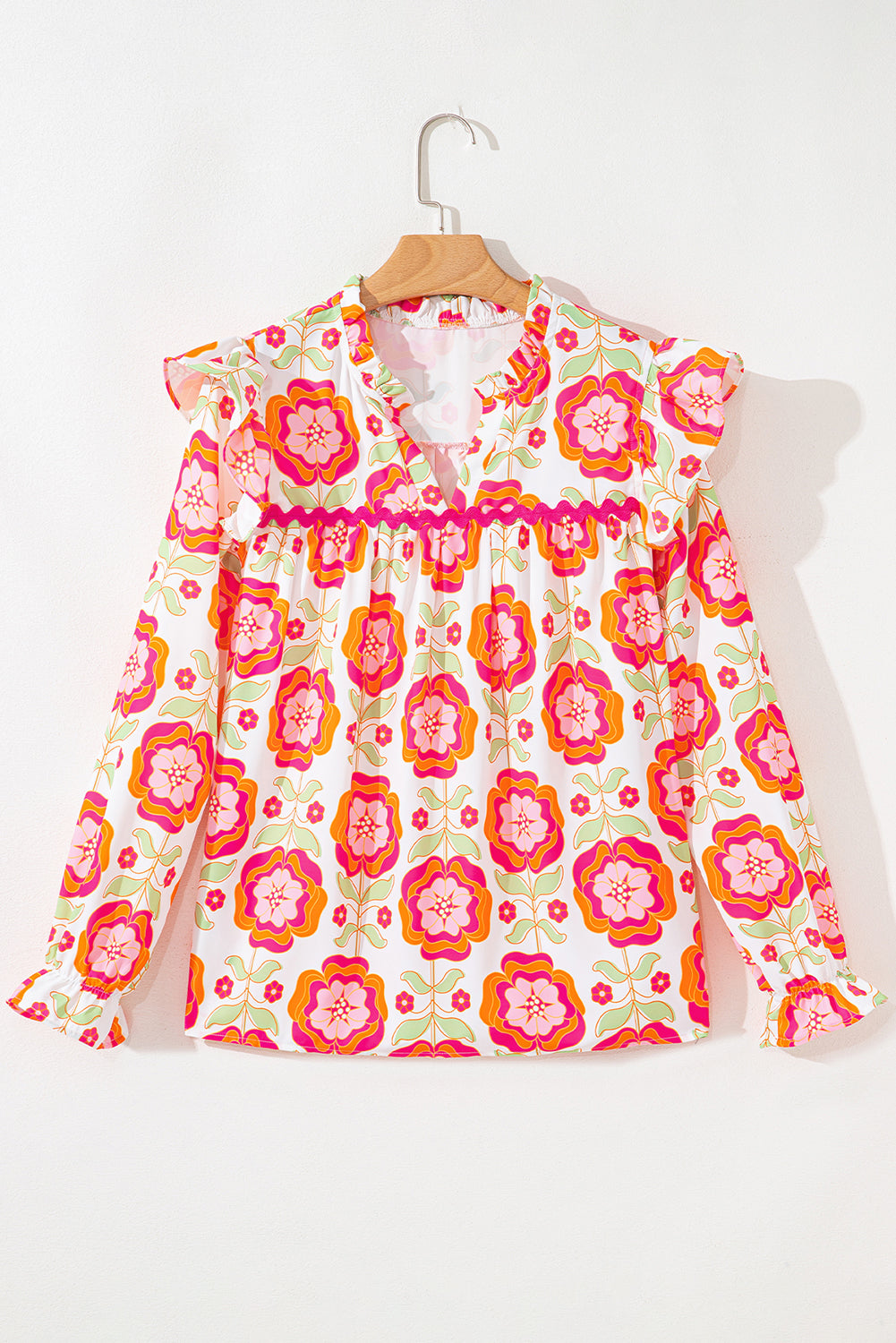 Rose Floral Printed Ruffled Long Sleeve Blouse-Tops/Blouses & Shirts-[Adult]-[Female]-2022 Online Blue Zone Planet