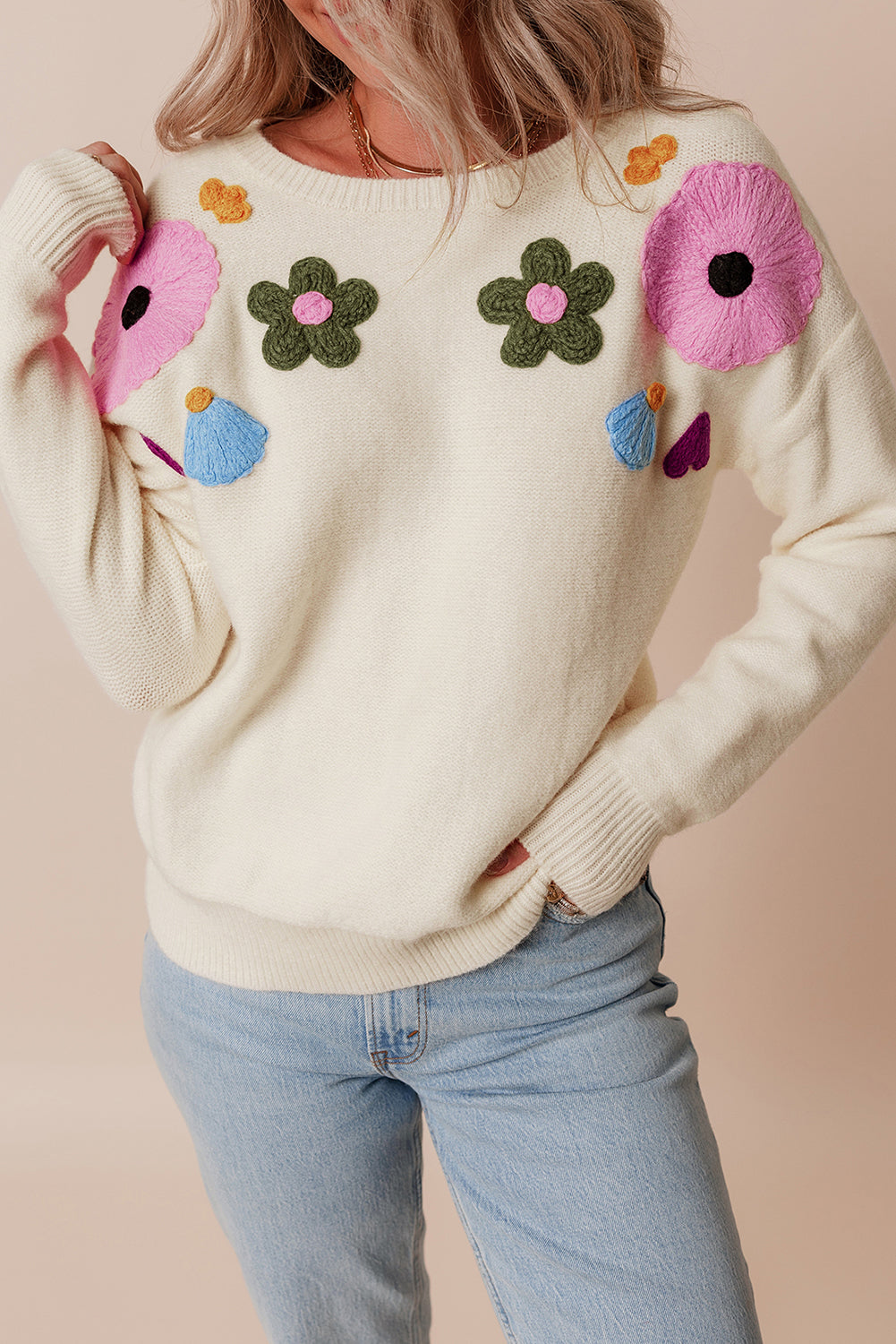 Light Blue Knitted Flower Pattern Ribbed Edge Sweater-Sweaters & Cardigans/Sweaters-[Adult]-[Female]-Beige-S-2022 Online Blue Zone Planet