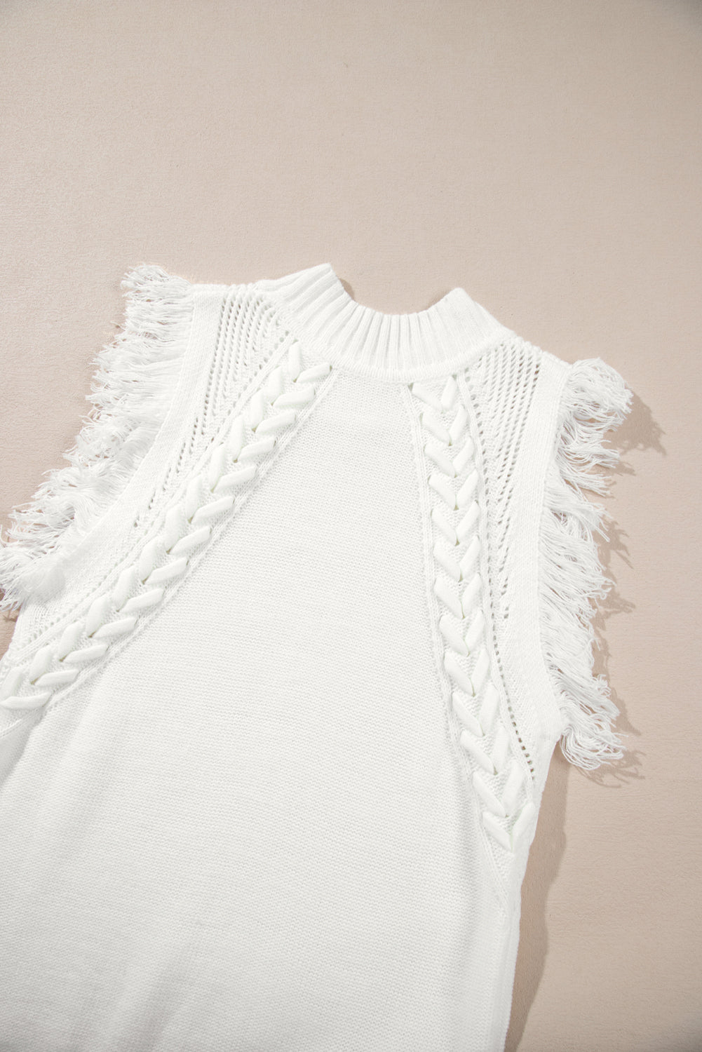 White Woven Tasseled Sleeveless Mock Neck Sweater Vest-TOPS / DRESSES-[Adult]-[Female]-2022 Online Blue Zone Planet