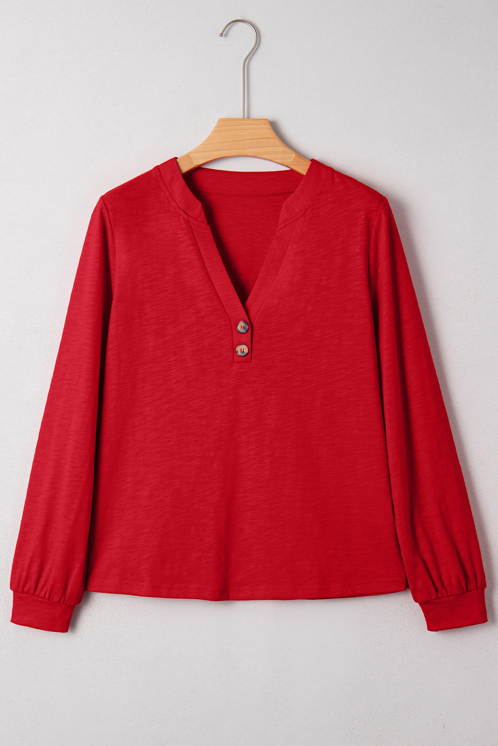 Racing Red Solid Color Button V Neck Long Sleeve Top-Tops/Long Sleeve Tops-[Adult]-[Female]-2022 Online Blue Zone Planet