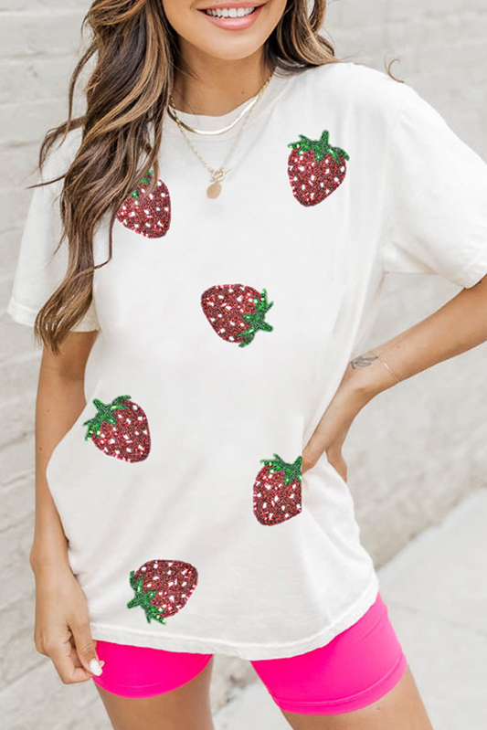 White Sequin Strawberry Patched Crew Neck T Shirt-Graphic/Graphic Tees-[Adult]-[Female]-White-S-2022 Online Blue Zone Planet