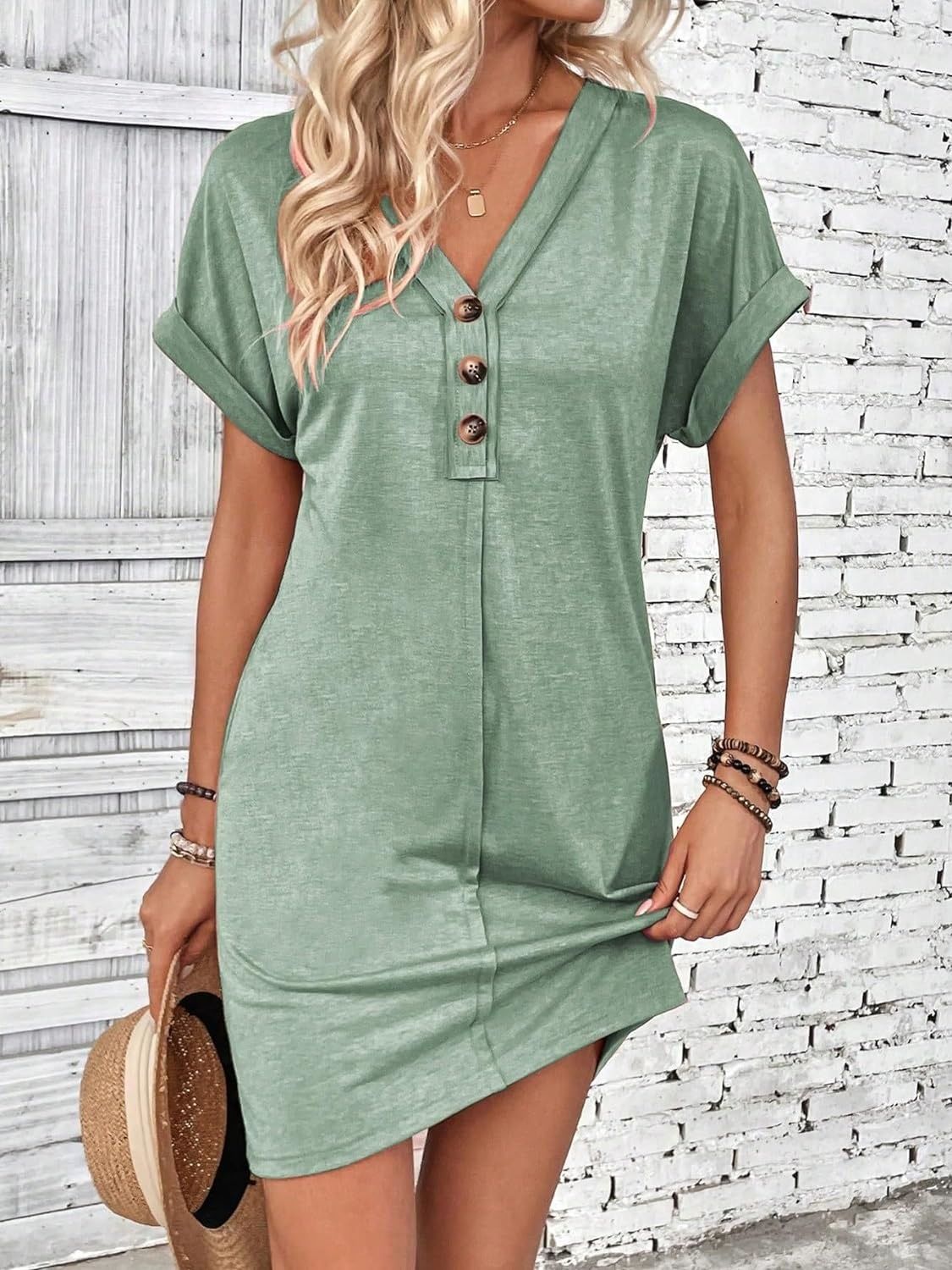 Quarter Button V-Neck Short Sleeve Dress-TOPS / DRESSES-[Adult]-[Female]-Gum Leaf-S-2022 Online Blue Zone Planet