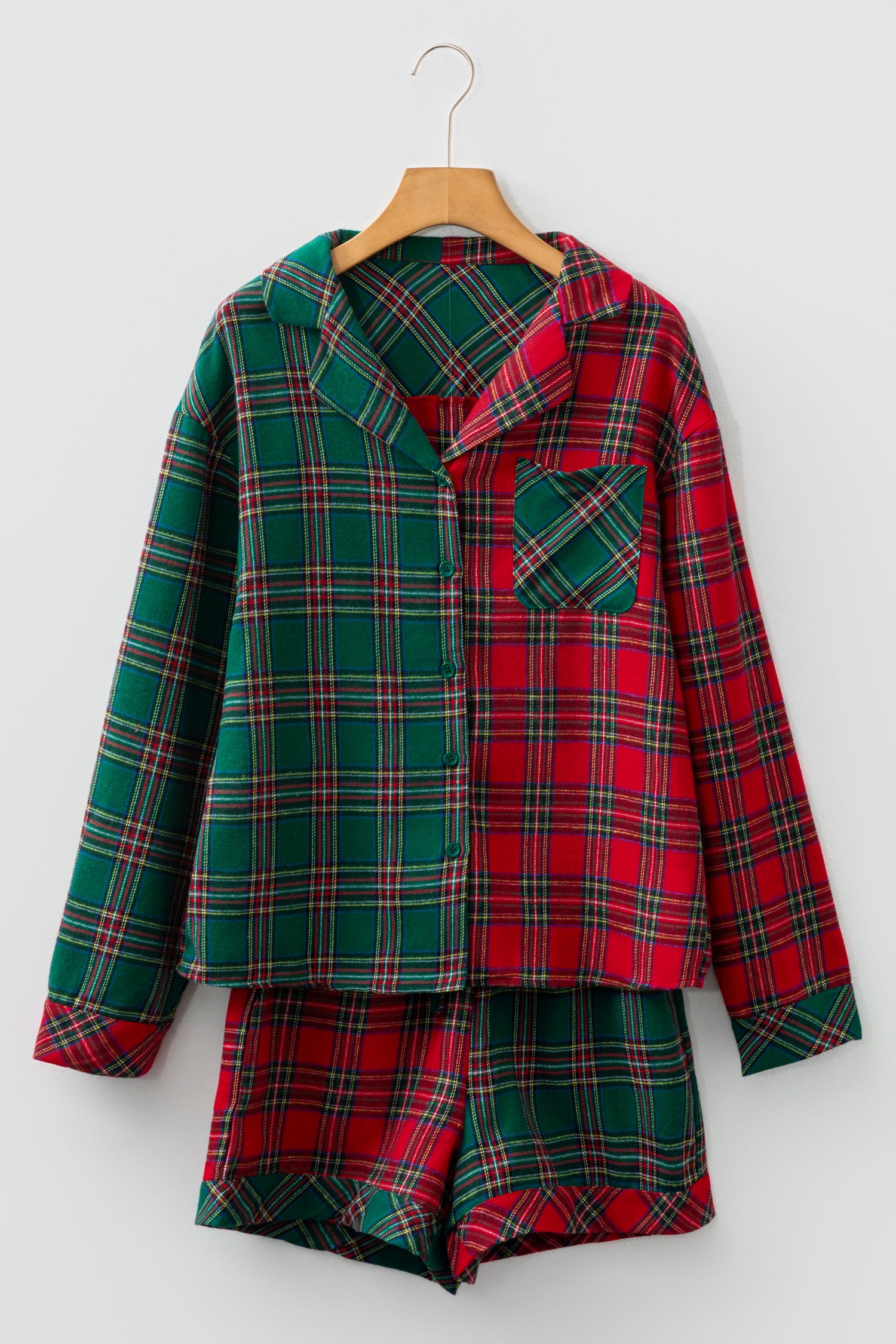Green Plaid Christmas Holiday Patchwork Long Sleeve Shirt and Shorts Pajama Set-Loungewear Set-[Adult]-[Female]-2022 Online Blue Zone Planet
