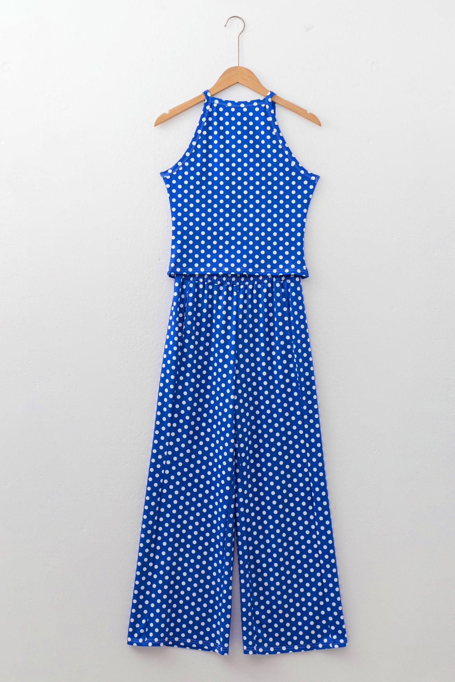 Blue Polka Dot Print Slim Tank Loose Pants 2pcs Outfit-Two Piece Sets/Pant Sets-[Adult]-[Female]-2022 Online Blue Zone Planet